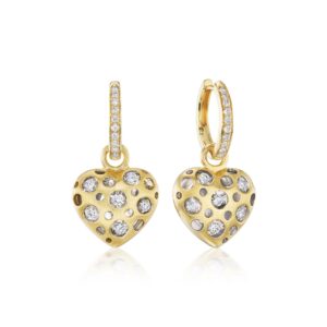 A pair of gold earrings with diamonds on them.