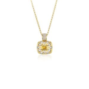 A yellow gold necklace with a diamond and white stone pendant.