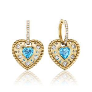A pair of heart shaped earrings with blue topaz and diamonds.