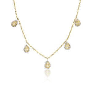 A gold necklace with five dangling charms.