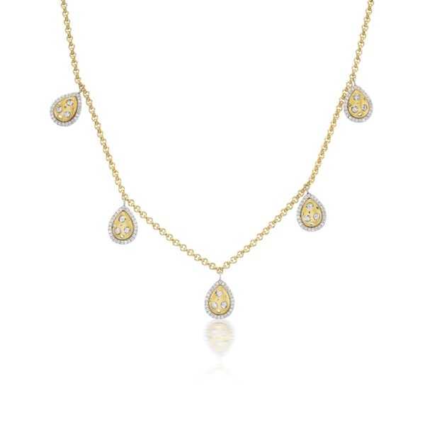 A gold necklace with five dangling charms.