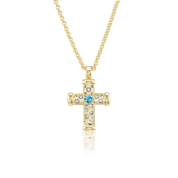 A gold cross with blue and white stones.