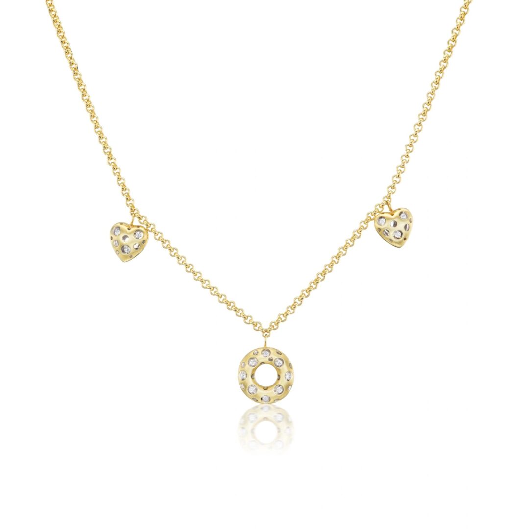 A gold necklace with three hearts and one diamond.