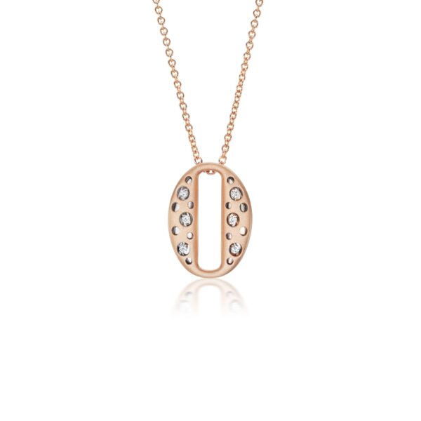 A rose gold necklace with a diamond pendant.