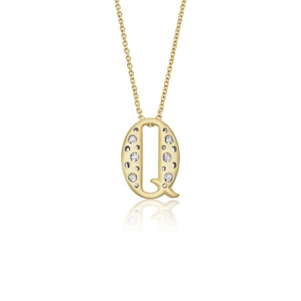 A gold necklace with the letter q