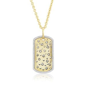 A gold and diamond dog tag necklace.