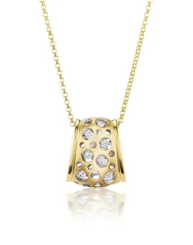 A gold necklace with a diamond pendant on it.