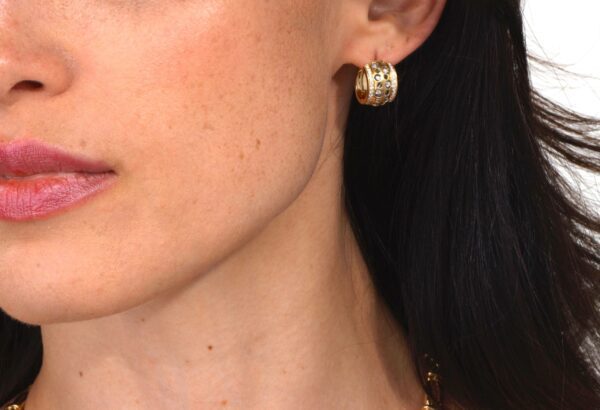A woman wearing gold earrings and a black hair.