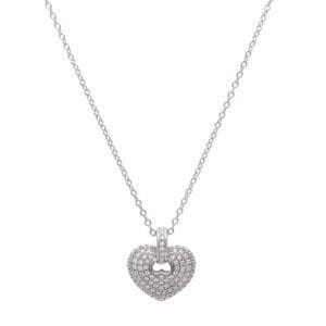 Diamond heart pendant necklace on white background.