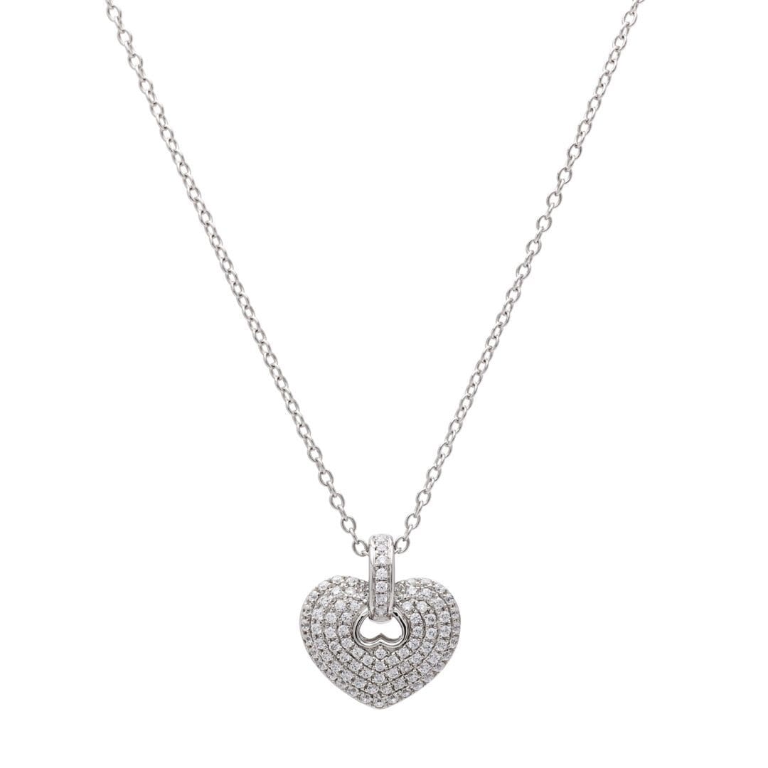 Diamond heart pendant necklace on white background.