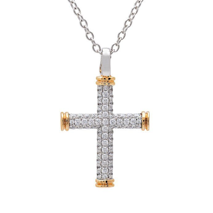 Diamond-encrusted cross pendant on a chain.
