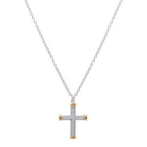 Diamond cross pendant on a silver chain.