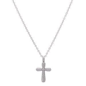 Diamond cross pendant on a silver chain.