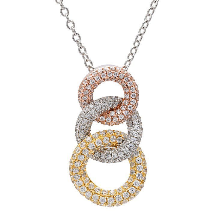 Gold, silver, and rose gold circle pendant necklace.