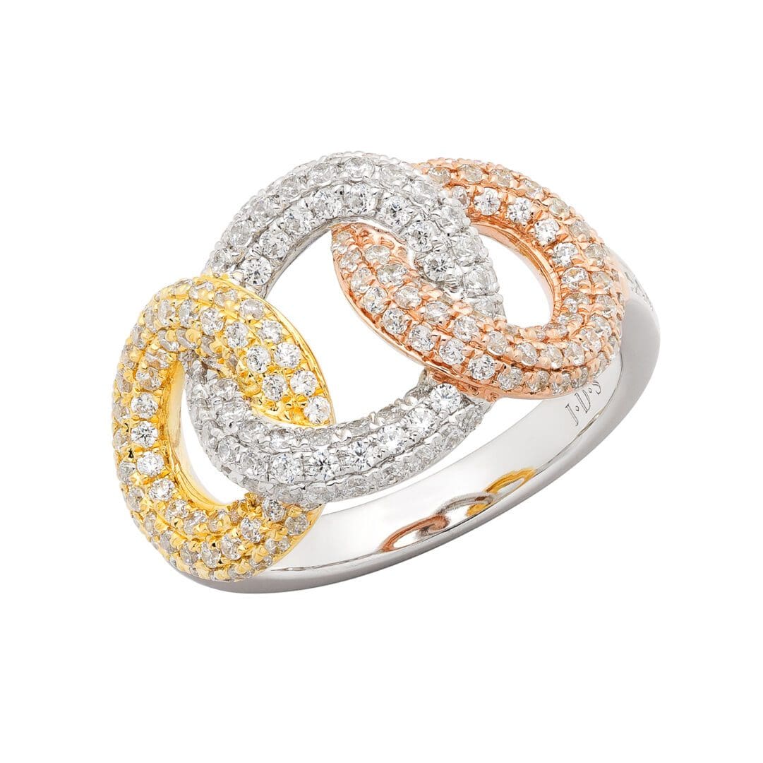 Diamond link ring in white, yellow, and rose gold.