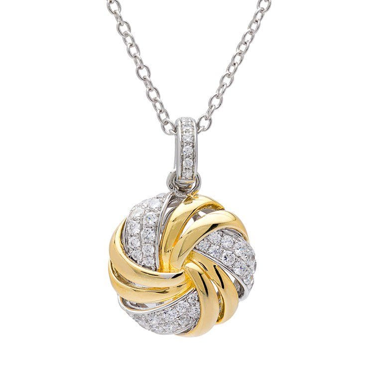 Silver chain with gold and diamond knot pendant.