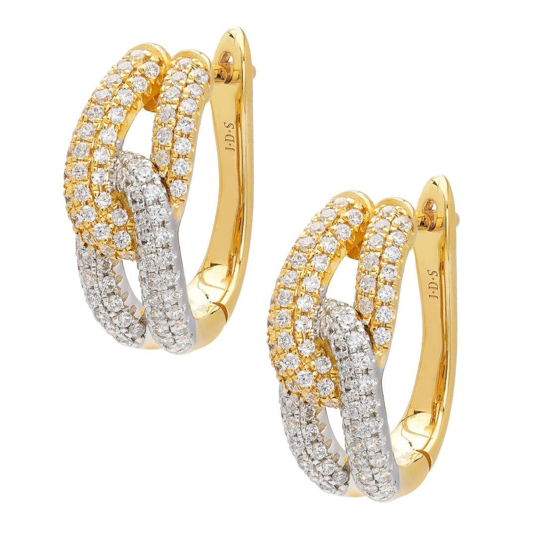 Gold and diamond hoop earrings.